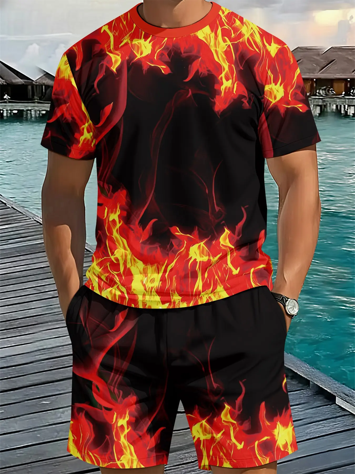 Two-piece casual set with bold contrasting colors and 3D digital printing Flame, 2Pcs, trendy and fashionable outfit, trendy retro casual two-piece set, vacation-style trendy wear, breathable sporty casual style, perfect holiday gift for men, Menswear