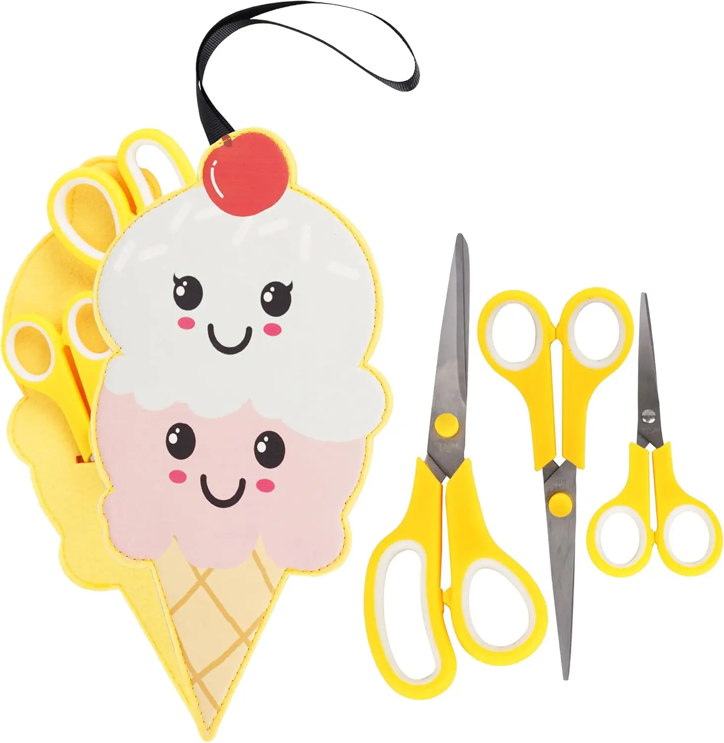 Scissors 3 Pack, All Purpose Heavy Duty w/Ice Cream Cone Holder, Kids Scissors For Right & Left Handed, Crafting, Sewing, Office (8.5|7|5.5 Inch), Yellow, Contemporary Style