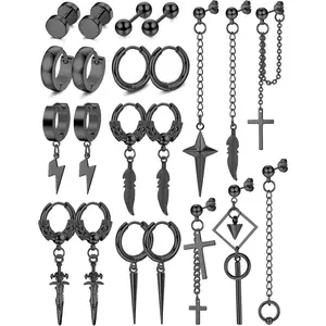 22Pcs Dangle Earrings for Men Stainless Steel Hinged Hoop Earrings Long Chain Stud Cross Dangle Earrings Set Kpop Earrings for Mens