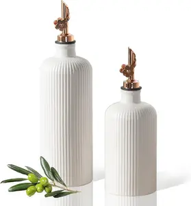 Olive Oil Dispenser Bottle for Kitchen, (22 Oz+14 Oz) Ceramic Olive Oil and Vinegar Bottles Dispenser with Stainless Steel Spout, Set of 2