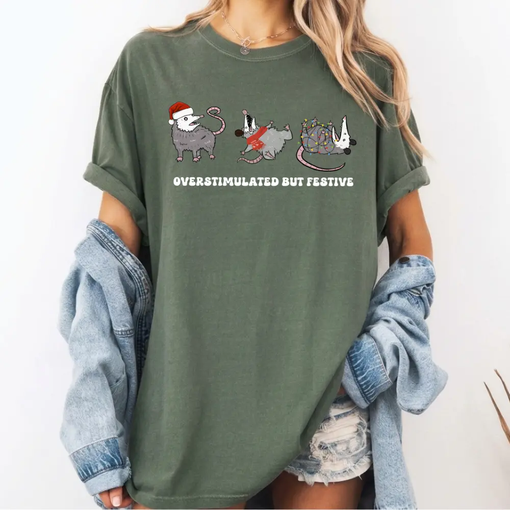 Comfort Colors Overstimulated But Festive Possum Christmas Shirt, Funny Christmas Shirt, Possum Christmas Shirt, Possum Gift, Meme Shirt