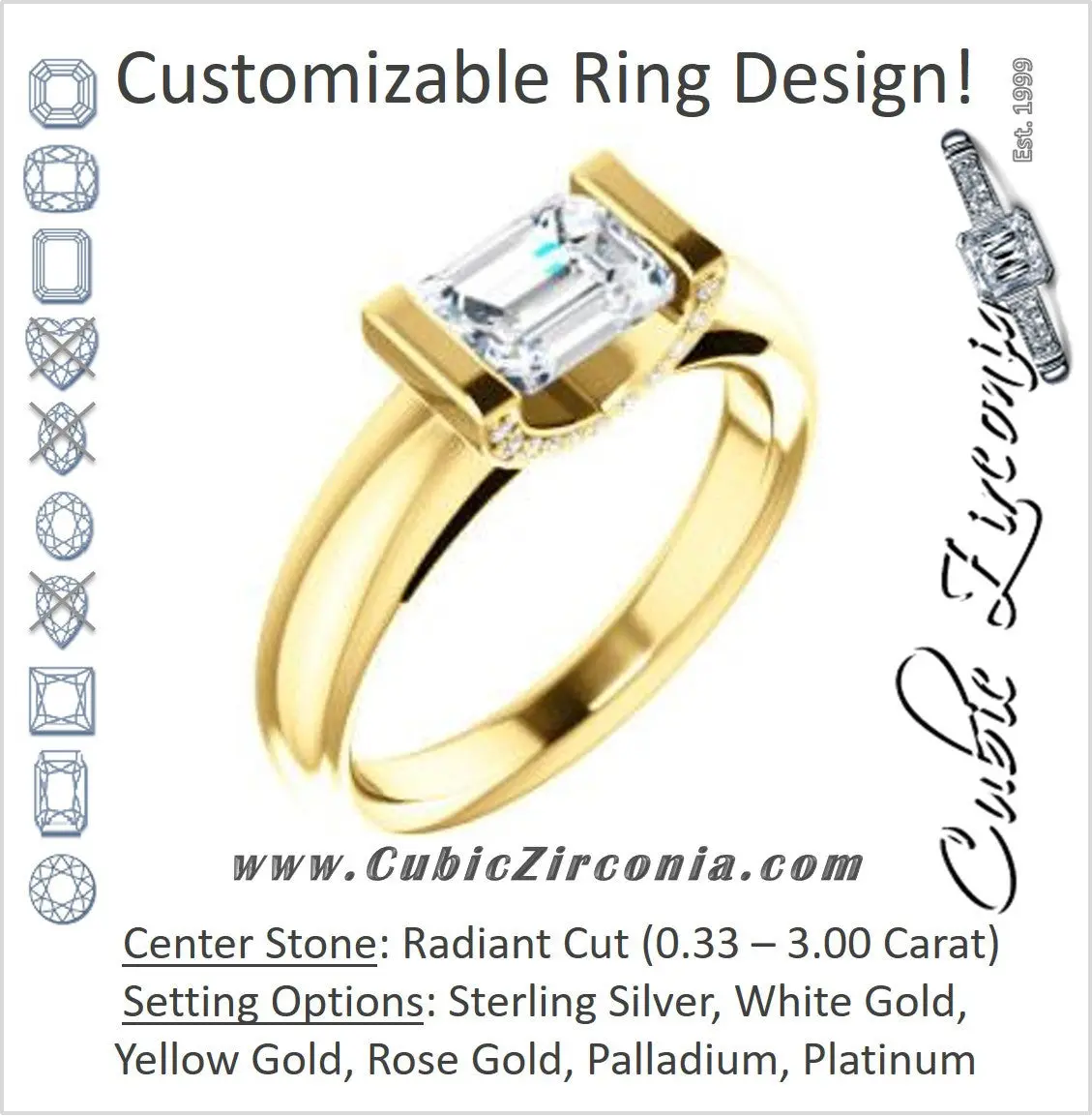 Cubic Zirconia Engagement Ring- The Tory (Customizable Cathedral-style Bar-set Radiant Cut Ring with Prong Accents)