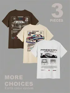 Men's Summer Casual Streetwear Car Enthusiast 3-Pack T-Shirts, Top, Classic Racing Graphic, Short Sleeve, Crewneck, Fitted H-Type, Multi-Color Options