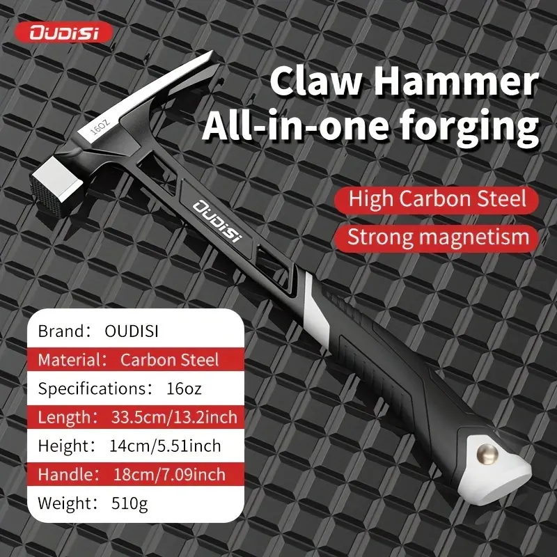 A high-carbon steel square-head right-angle clawhammer, designed for woodworking nail removal. Features a rubber-coated handle for grip. Suitable for construction, home improvement, and building projects. Hand Tools, Diy Tools