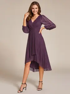 Ever-Pretty  Glitter Long Sleeve V-Neck A-Line Midi Wedding Guest Dress Flowy & Slimming Gown for Weddings, Vacations & Everyday Elegance 02266