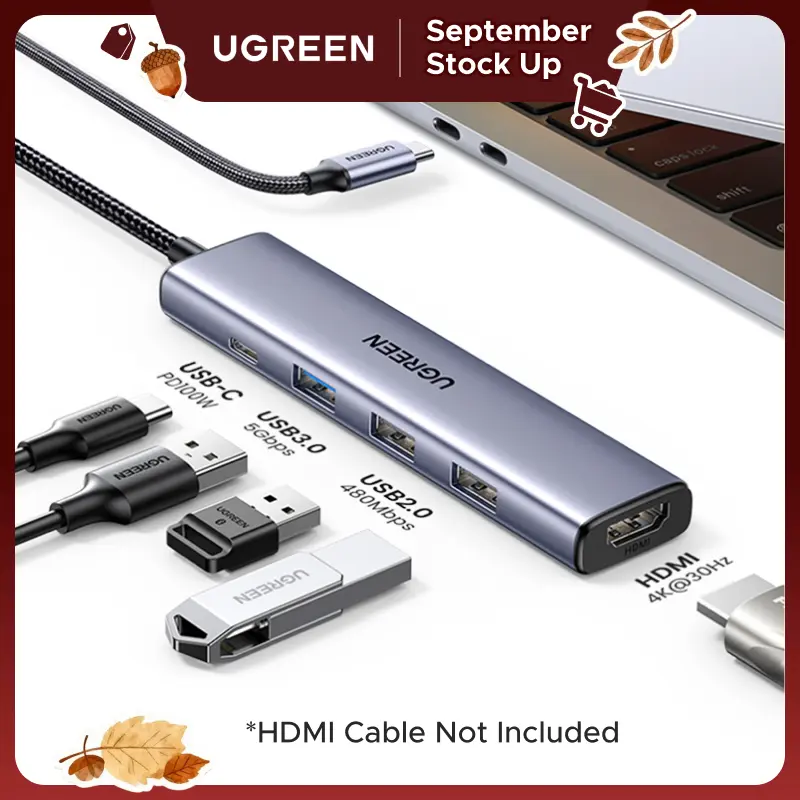 UGREEN 5in1 USB C Hub（HDMI Cable Not Included) Type C to PD 100W Power Delivery, 4K@30Hz HDMI,  3 USB-A 5Gbps Data Ports, Type C Multiport Adapter for Macbook Air Pro, iPad Pro, XPS, Computer Accessories,tiktokshopmemorialday summerwins, Tech Gadgets, Gad