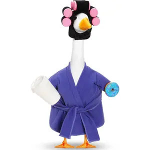Christmas Porch Goose Outfit 23 Inch, Lady Goose Clothes Winter Porch Geese Accessories Purple Pajamas Robe Curlers and Coffee Cup for Concrete Statue Outdoor Yard Cement Geese Decoration