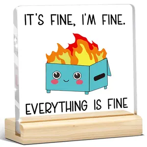 1pc Cute Dumpster Fire Acrylic Wooden Sign, “It's Fine, I'm Fine” Funny Office Desk Decor, Inspirational Coworker Gift for Women, Men, Boss, Friend, Kawaii Cartoon Firebox Plaque for Home Shelf, Farewell Decor, Birthday, Christmas, Decorative