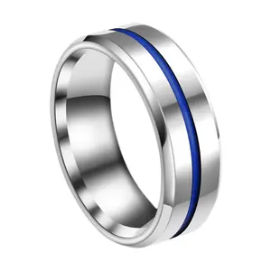 OIDEA Men's Stylish and Durable Stainless Steel Promise Ring - Men's Accessories, Scratch-Resistant, Unique Blue Inlay Groove, Elegant Simple Look, Sizes 6-12, Valentine’s Gift for Boyfriend