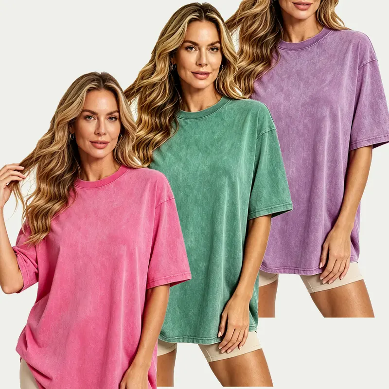 Holafish Women's 3-Pack Oversized Acid Wash 100% Cotton T-Shirts - Soft Crewneck, Casual Loose Baggy Vintage Streetwear Tops for Daily Wear, Tshirt