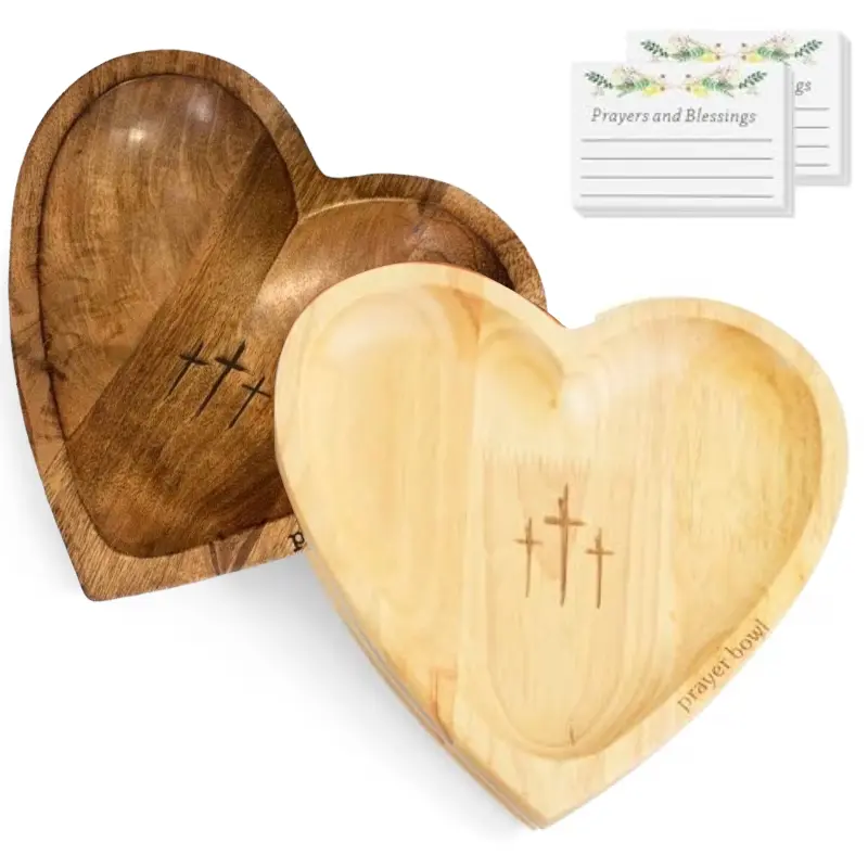 Hand-carved wooden heart-shaped prayer bowl and card set - Hand-painted prayer bowl, engraved cross and prayer text - Suitable for home altars, prayer rooms, Christmas decorations - Spiritual meditation gift, suitable for home decoration