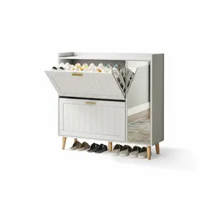 Slim White Wooden Shoe Cabinet with Mirror – 2 Turn Drawers, Adjustable Side Storage Shelves – Freestanding Entryway Organizer for Hallway, Bedroom, Living Room