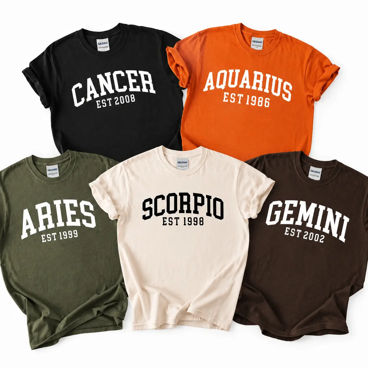 Custom Zodiac T-Shirt, Personalized Birth Year Tee, Aries Cancer Scorpio Gemini Aquarius Shirt, Vintage College Style, Astrology Gift, Unisex Gildan Tee - JACKSON HOAI STORE