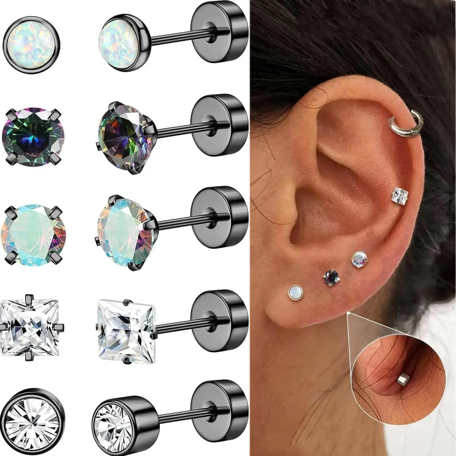 FIBO 5 Pairs Surgical Stainless Steel Flat Back Earrings for Women Men 20G Cartilage Stud Earrings Opal Cubic Zirconia Small Flatback Fashion Jewelry Accessories Gifts summerwins