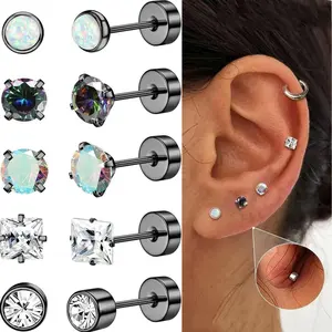 FIBO 5 Pairs Surgical Stainless Steel Flat Back Earrings for Women Men 20G Cartilage Stud Earrings Opal Cubic Zirconia Small Flatback Fashion Jewelry Accessories Gifts