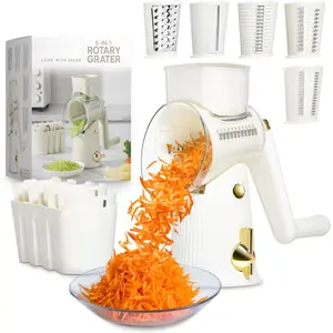 Rotary Cheese Grater with Handle - Counter Cheese Grater Suction Base with Hand Crank - 5 Blade Cheese Shredder - Easy to Use Manual Vegetable Chopper and Mandolin