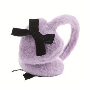 Chic Women's Plush Heart-Shaped Earmuffs with Black Bow - Cozy & Warm for Winter Fashion  Fur Purple