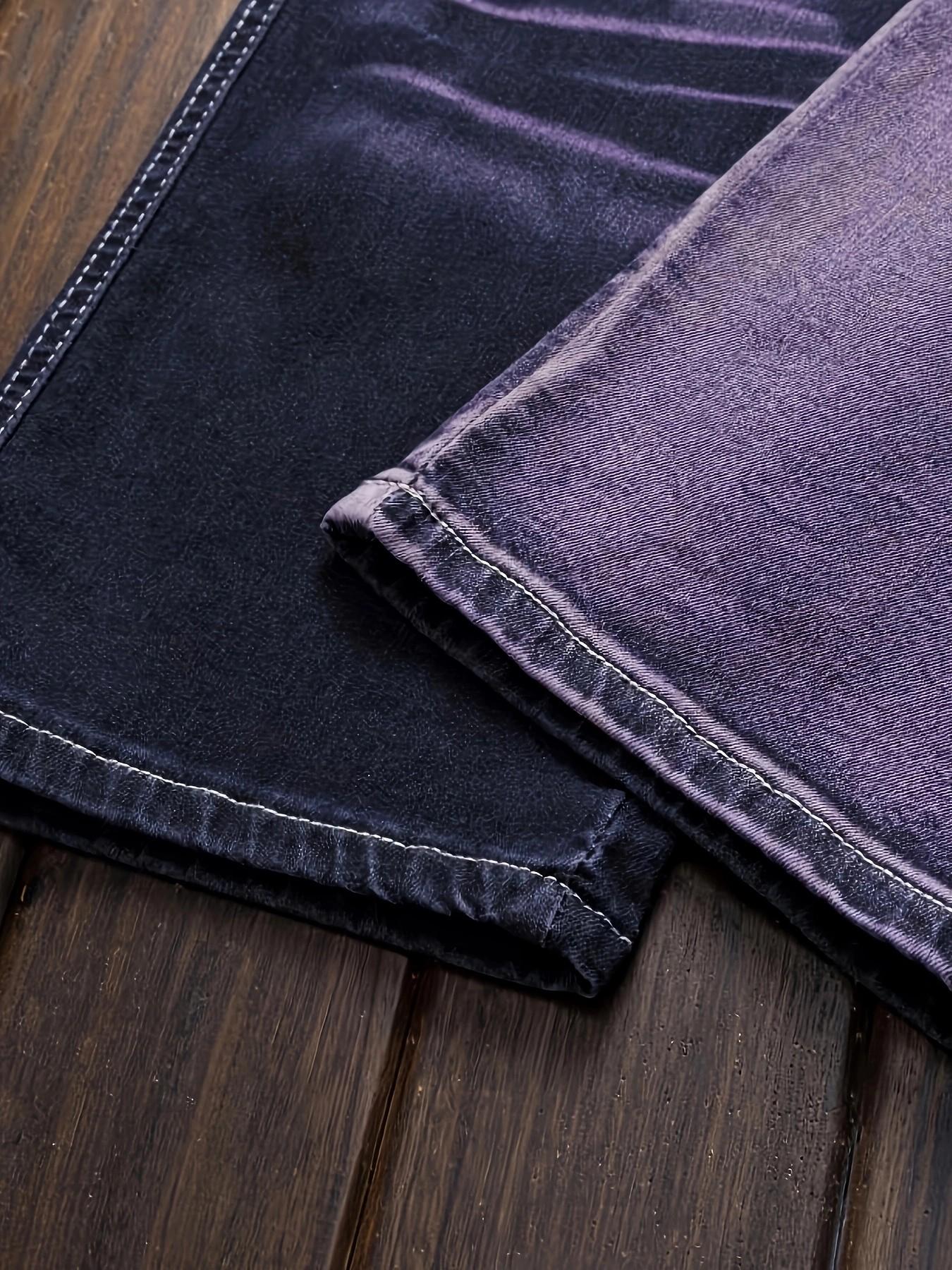 Men’s straight-leg distressed jeans with purple patchwork, European/American fashion trend