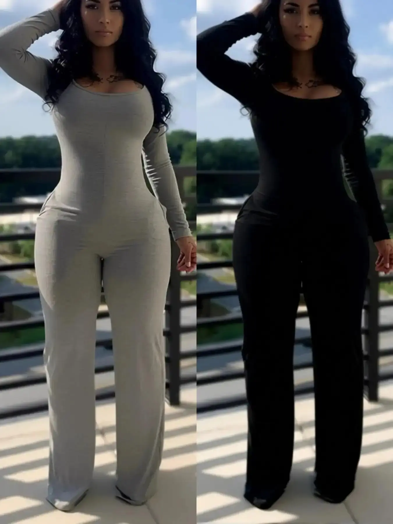 Women's Sexy Plain Basic Long Sleeve Fitted Jumpsuit, Casual Commuter Lady Fall & Winter Fashion, Low-Neck Design with Pockets, European Style, Jumpsuits, Wear, Womenswear spring summer modern
