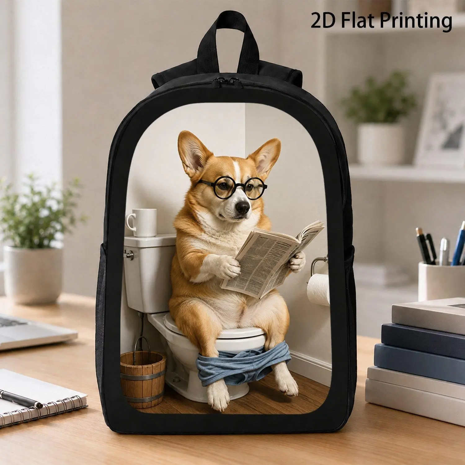 17 Inch Backpack 1pc Cute Corgi Dog With Round Glasses Reading Book On Toilet Humorous Pet Design Large Capacity School Bag For Students And Professionals