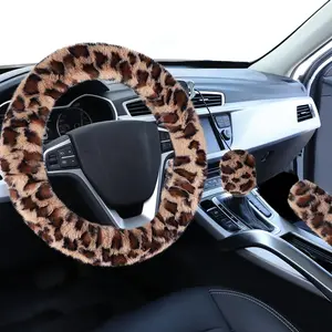 Accmor Fuzzy Car Steering Wheel Cover, Universal Fit Fur Auto Wheel Cover & Handbrake Cover & Gear Shift Cover Set, Leopard Warm Fluffy Vehicle Wheel Protector Car Accessories for Men Women (Brown)