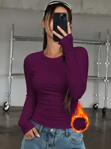 Women's Classic Round Neck Long Sleeve Thermal Winter Underwear Top, Casual Plain Simple Base Layer Shirt for Home & Outdoor Wear