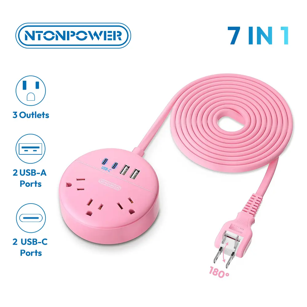 NTONPOWER Pink Extension Cord 10 FT, Pink 2 Prong Power Strip with USB C,2 Prong to 3 Prong Outlet Adapter, 180° Rotatable Plug, 3 Outlets 4 USB Ports, Non-Grounded Outlets for Vanity Desk, Travel, Older House, Dorm,backtoschool