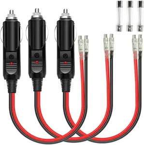 3 Pack 12V/24V cigarette lighter male plug adapter connectors, 16AWG with LED light and 3PCS 15A fuse replacement Cigarette lighter socket wire