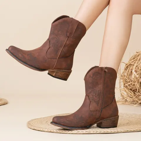 Summervibes Vepose Women's Western Cowboy Block Heel Ankle Booties Footwear - Square Toe, Zipper Closure, Fabric, Casual, for Nashville Outfits, Megan Moroney Concert Outfit