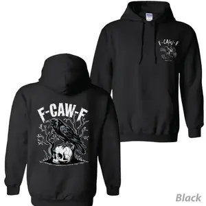 [graphic hoodies]F-Caw-F Raven Skull Hoodie Casual Long Sleeve Pullover for Fall Winter Unisex Cotton Hoodie with Spooky Halloween Print Apparel Made In The USA