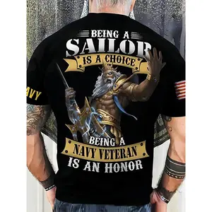 Men's Plus Size Anime Style Graphic Print T-Shirt - "Being a Navy Veteran is an Honor" Design, Soft Cotton Fabric, Short Sleeve, Round Neck, Casual & Outdoor Wear for Summer, Sports Casual Wear |         Trendy Sailor Shirt |         Cotton Comfort Wear