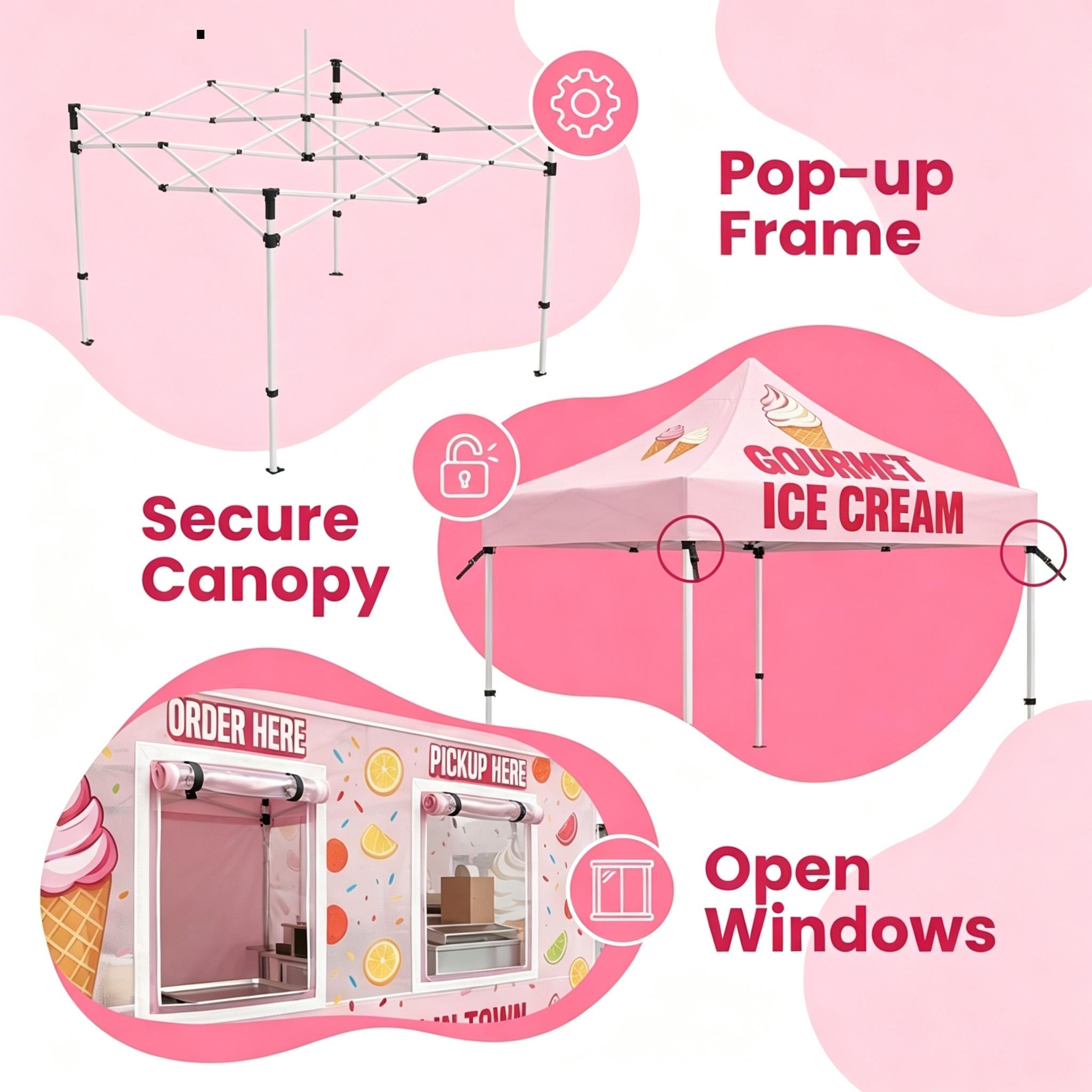 Pink Ice Cream Tent Waterproof Heavy Duty Outood Canopy Foldable Aluminium Frame Refreshment Stand Advertising Commercial Tent Food Booth Stand InStock Tent with Full Back Wall for Street Fairs
