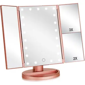 Rose Gold Tri-Fold Vanity Lighted Mirror with 3x/2x Magnification, 21 LEDs Light Touch Screen, 180 Free Rotation Countertop Cosmetic Mirror
