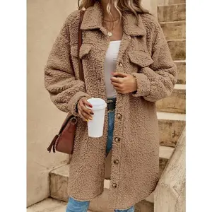 Women's Teddy Sherpa Button Down Lapel Jacket Cozy Soft Warm Fleece Outerwear with Utility Pockets Trendy Chic Casual Daily Streetwear Essential Winter Fall Outdoor