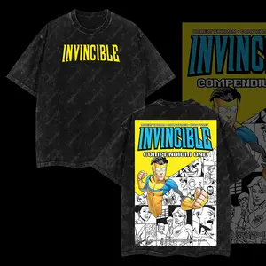 Superstyle Invincible Compendium One - Invincible War Comic Double Printed Oversize Lightweight Acid Washed Tee TV Series Graphic Cotton Tee T-Shirt