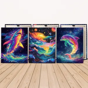 3 Counts Wooden Framed Canvas Painting, Colorful Cosmic Shark Dolphin Ocean Images, Exquisite Poster, Perfect Living Room Decoration, Modern Art, Fashion Family Poster, Wall Art Decoration, Waterproof Art