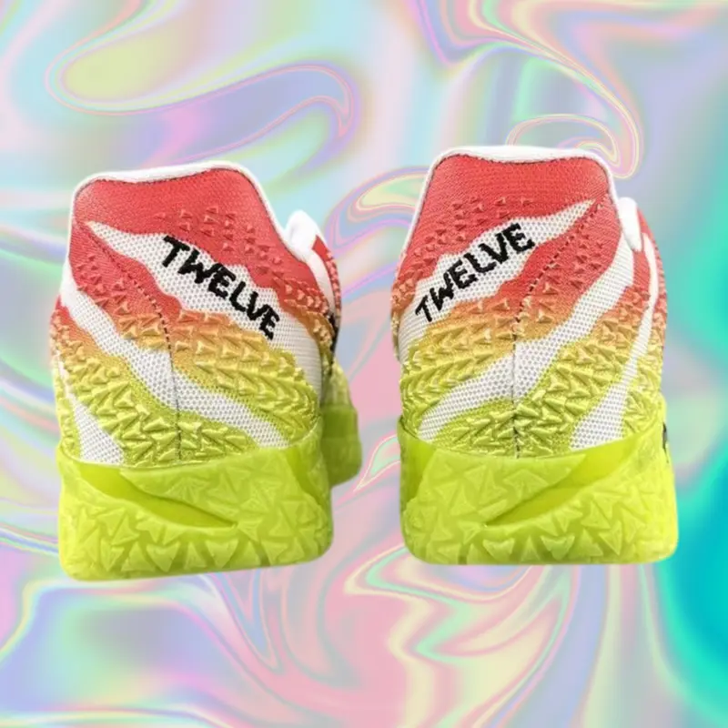 Neon Yellow Red Gradient Knit Mesh Low Top Soccer Cleats Breathable Flexible Rubber Sole Non‑Slip Outdoor Training Athletic Football Shoes For Men