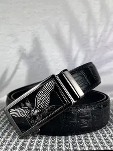 Men's waist belt, casual retro style, eagle relief alloy automatic buckle, 3.5cm/1.38in wide embossed ratchet belt, All Seasons, suitable for business occasions, daily commuting, travel, holiday gifts.