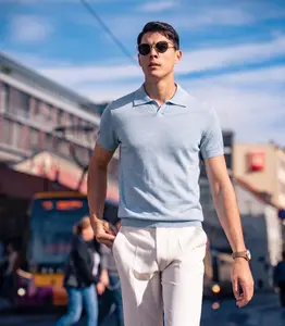 Boveme Men's Ribbed Hem Knitted Buttonless Polo Shirt - Menswear, Business Casual, Simple Stylish, Soft, Breathable, Comfortable, High-Quality, Machine-Washable, Silk-Cotton Blend,summervibes