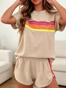 Two-piece women's fashion casual sportswear set, Womenswear loose and slim-fit with rainbow striped design, perfect for summer, vacations, indoor, and outdoor wear