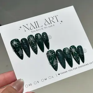 Emerald Green Press On Nails, Silver Snowflake Glitter, Long Stiletto