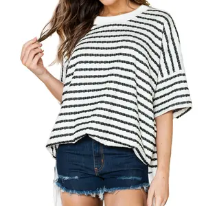 SHORT SLEEVE BUBBLE POLY COTTON STRIPE TUNIC in Pink and White Stripes for No Attribute Specifications