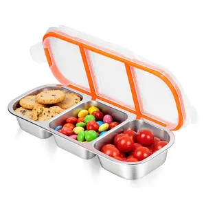 Stainless Steel Snack Container, 1 Count Reusable Dual Layer Snack Storage Box with Lid, Travel Friendly Partitioned Sauce Cup, Durable Lunch Box for School and Adventures