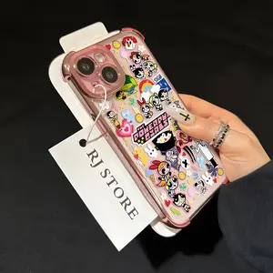 Cartoon Powerpuffs Girls Plating Case For iPhone 17 17Air 16 15 14 13 12 11 Pro Max X XSMax Plus Girls Gifts Anti-Fall Airabag