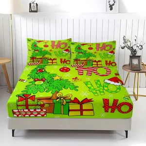 3-piece set of green haired Christmas tree style patterned bed sheets, including 1 bed sheet and 2 pillowcases, with anti slip and dust covers suitable for bedrooms and as Christmas gifts, Decorative Bedsheet Sets