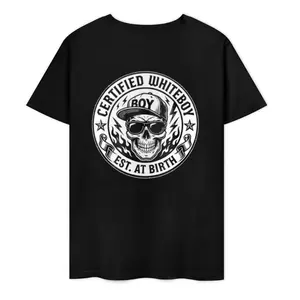 Unisex "Certified Whiteboy Est." At Birth" Skull Sunglasses Vintage Seal T-Shirt Retro Streetwear Graphic Tee Short Sleeve Crew Neck Black Casual TikTok Viral