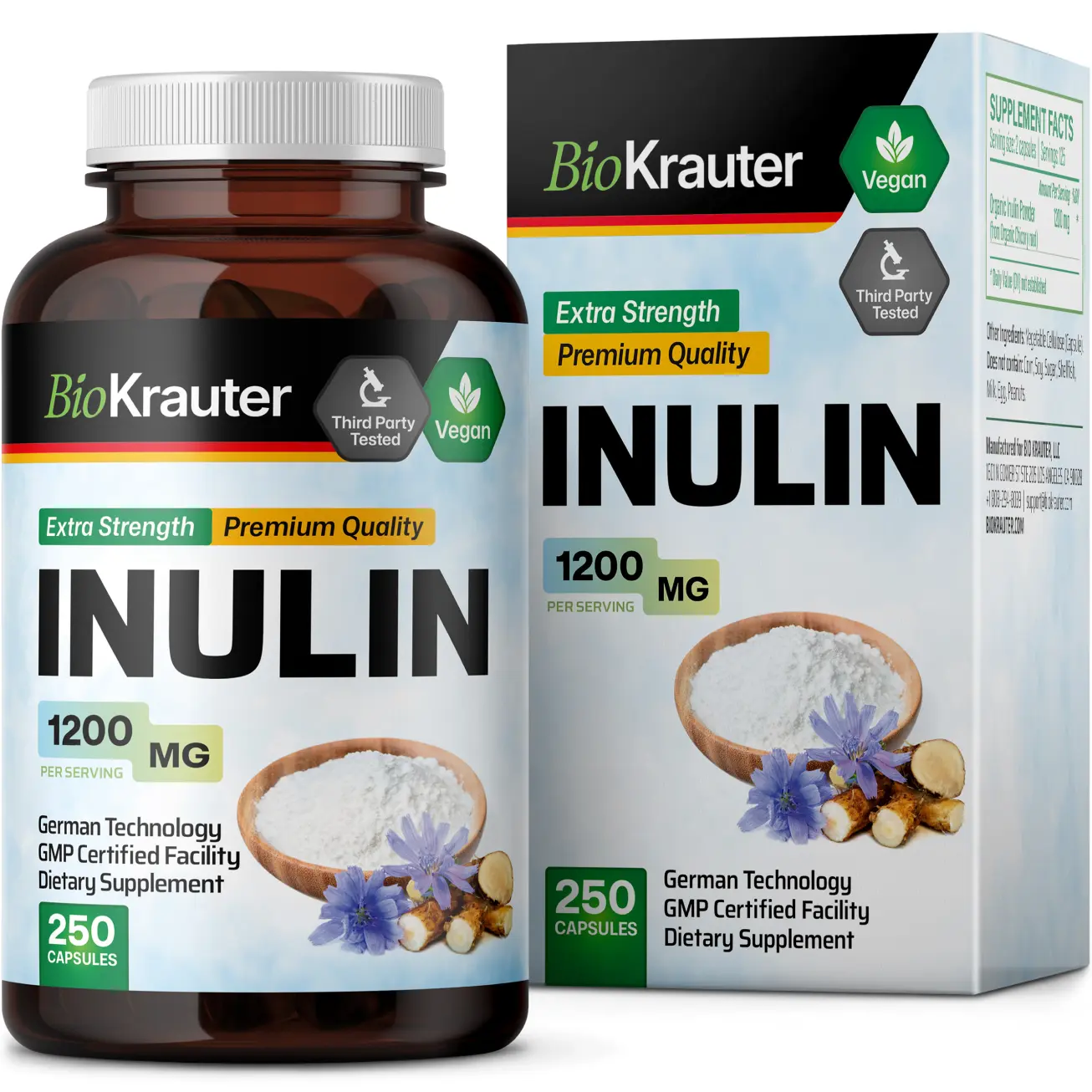 BioKrauter Inulin Supplement 1200mg - 250 Vegan Capsules for Comfortable Digestion - Third Party Tested & German Technology
