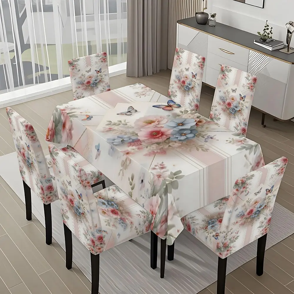 5/7-piece 2D Flat Printing Spring Joy Pink Blue Flowers Butterflies Printing Pattern Tablecloth and Chair Cover Set, for dining table and chair decoration, perfect for home, holiday gatherings, restaurants, and parties, Chair Covers Set