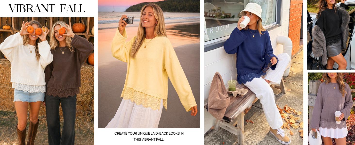 ZESICA Women's Fall Winter Sweaters Long Sleeve Lace Trim Pullover Tops | 2026 Casual Crew Neck Sweater, Loose Soft Knitted Jumper Tops, Work Office Vacation Outfits, Spring Fall Trendy Clothes