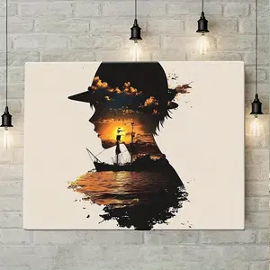 1pc Wooden Frame Canvas Poster Create an Abstract Double Exposure Illustration of Luffys Silhou Artwork Is Perfect for Office Corridor Home Living Room Decoration	